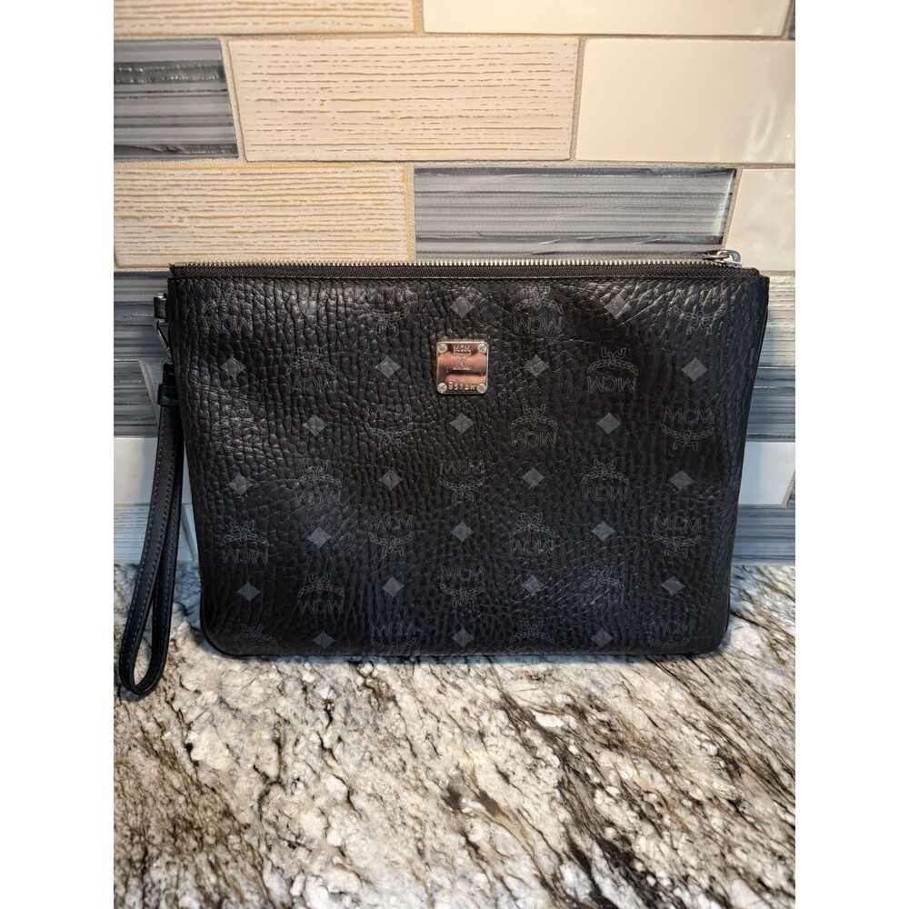 Authentic MCM Visetos Clutch Wristlet Black Leather Bag Unisex